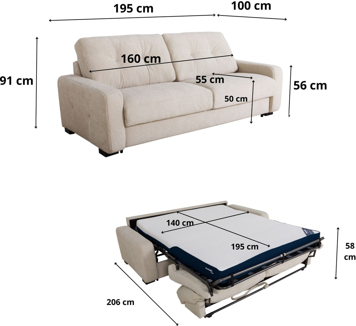 Canapé convertible express - 2/3 places - SOA - Tissu gauffré - Beige - Matelas 15 cm - 195 x 100 x 91 cm - DUNLOPILLO