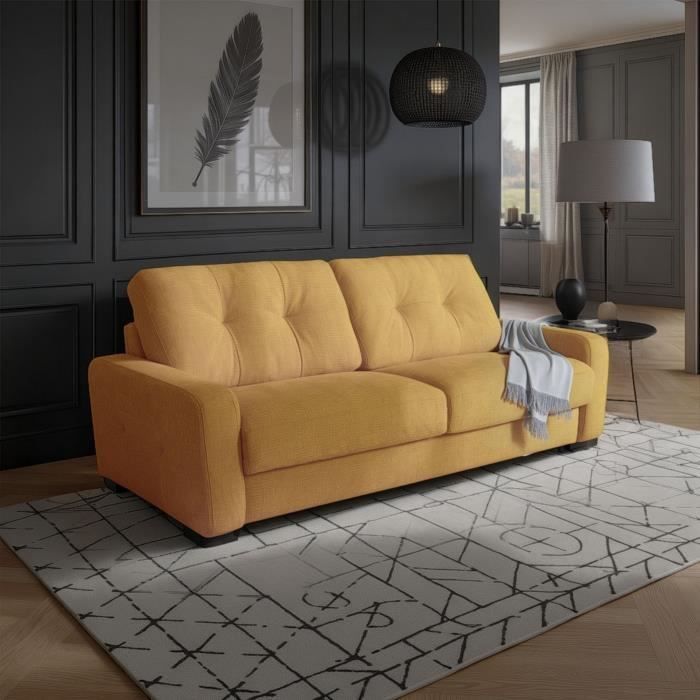 Canapé convertible express - 2/3 places - SOA - Tissu gauffré - Ocre - Matelas 15 cm - 195 x 100 x 91 cm - DUNLOPILLO