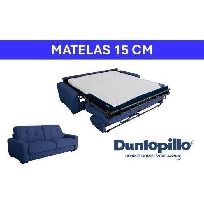 Canapé convertible express - 2/3 places - SOA - Tissu gauffré - Saphir - Matelas 15 cm - 195 x 100 x 91 cm - DUNLOPILLO