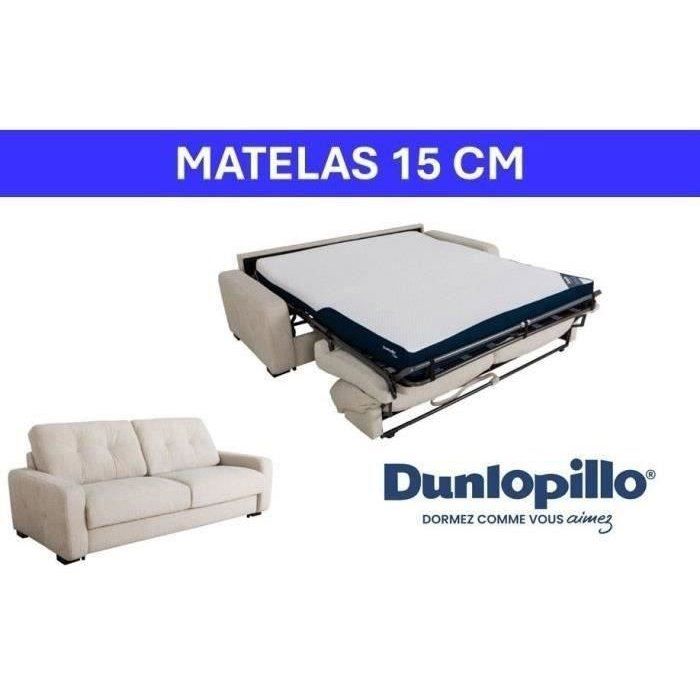 Canapé convertible express - 3 places - SOA - Tissu gauffré - Beige - Matelas 15 cm - 215 x 100 x 91 cm - DUNLOPILLO