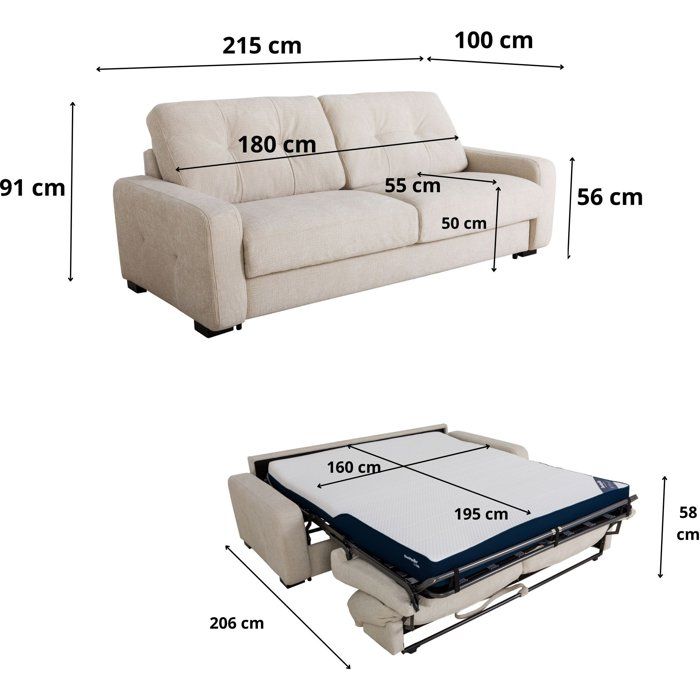 Canapé convertible express - 3 places - SOA - Tissu gauffré - Beige - Matelas 15 cm - 215 x 100 x 91 cm - DUNLOPILLO