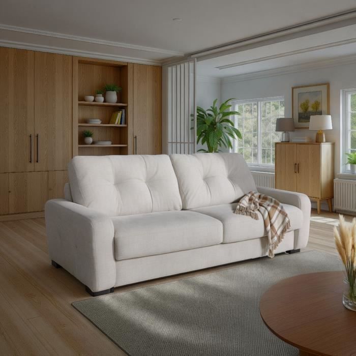 Canapé convertible express - 3 places - SOA - Tissu gauffré - Beige - Matelas 15 cm - 215 x 100 x 91 cm - DUNLOPILLO