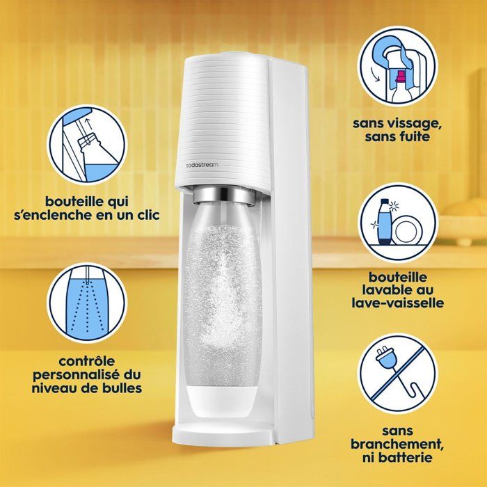 Machine a soda et eau pétillante SODASTREAM - TERRA Blanche - 2 bouteilles compatible lave-vaisselle - 1 recharge de gaz 60L