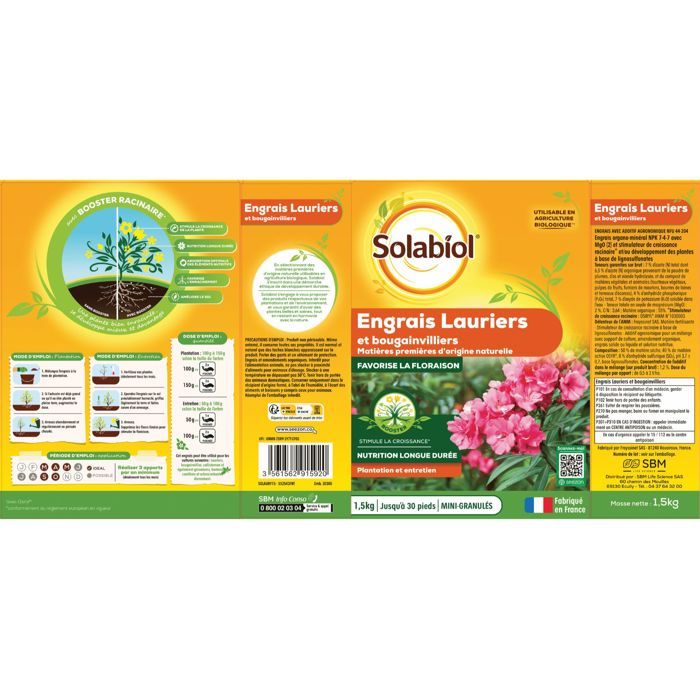 SOLABIOL Engrais lauriers & bougainvilliers - 1,5kg - Jusqu'a 30 pieds - Favorise la floraison et la croissance
