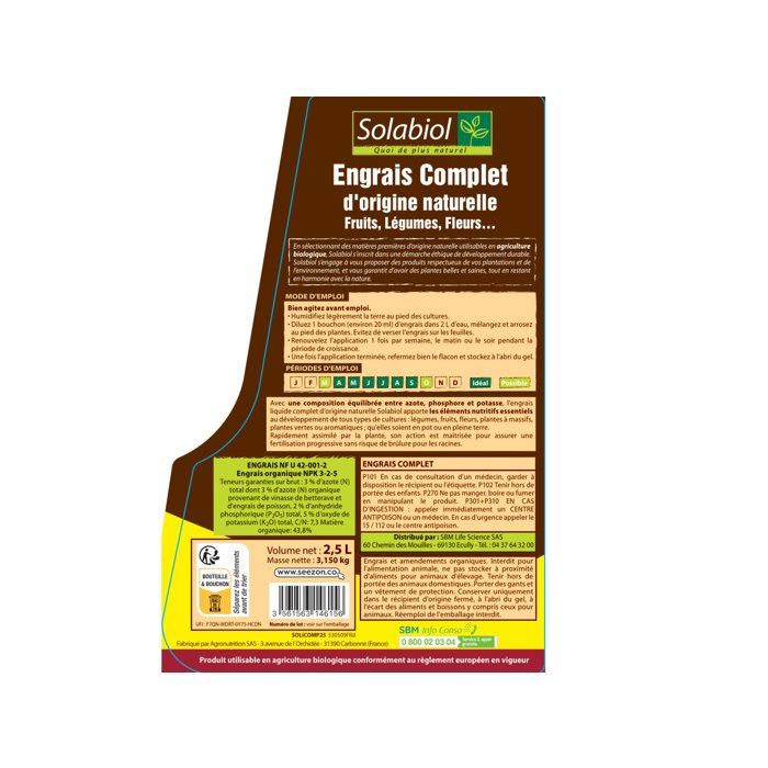 Engrais complet liquide - SOLABIOL - 2,5 L - Jusqu'a 250 L de solution - Universel - Tous types de cultures