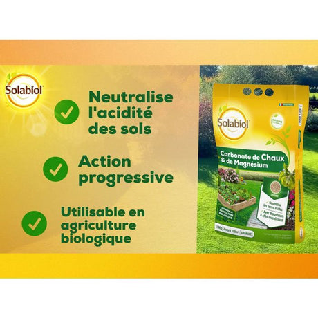 SOLABIOL Carbonate de chaux & de magnésium - 10kg - Granulés - Corrige l'acidité du sol - Action progressive & durable