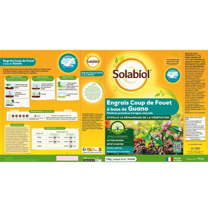 SOLABIOL Engrais coup de fouet - 750g - Jusqu'a 25m˛ - Stimule le démarage de la végétation - Pour toutes les cultures - UAB