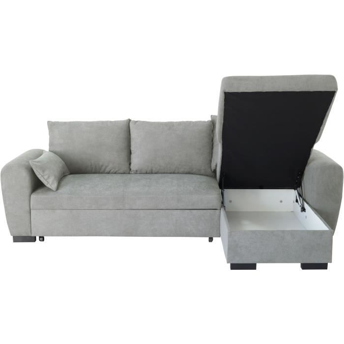 Canapé d'angle convertible réversible MAX - Méridienne avec coffre - Tissu gris clair - L 240 x P 143 x H 85 cm