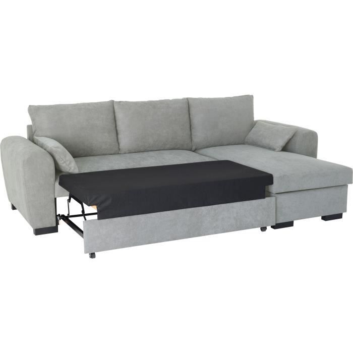 Canapé d'angle convertible réversible MAX - Méridienne avec coffre - Tissu gris clair - L 240 x P 143 x H 85 cm