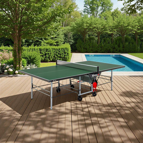 Table tennis de table - SPONETA - S3-46 e - Pliable - Usage extérieur - Filet + rangements + 4 roues doubles pivotantes - Gris/vert