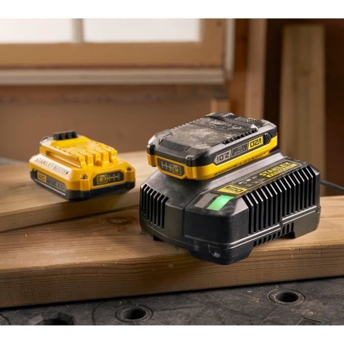 Pack 2 batteries 18V 2 Ah + chargeur 2A - Stanley Fatmax - Compatible avec la gamme STANLEY FATMAX V20 - SFMCB12D2-QW