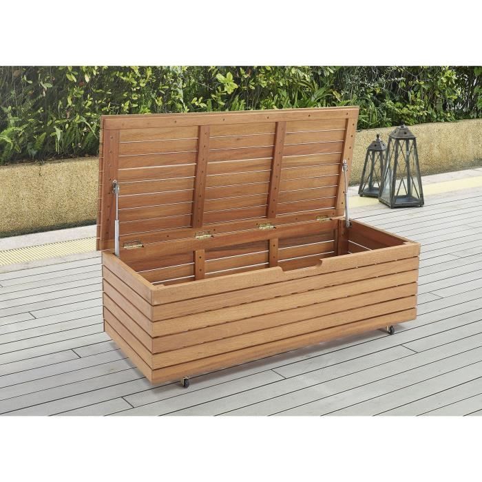 Coffre de rangement jardin en bois exotique d'eucalyptus FSC - 190 L - 48,5 x 109,5 x 37 cm - Avec roulettes -  Effet Teck