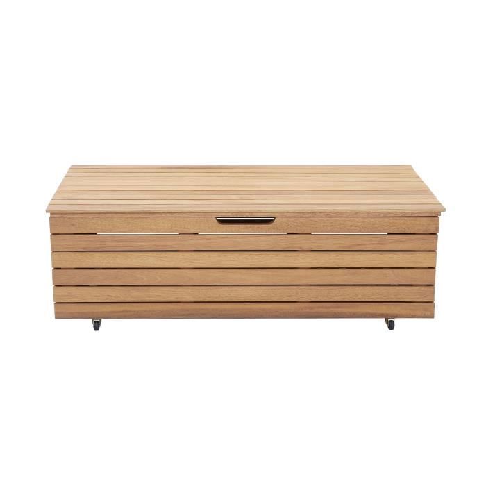 Coffre de rangement jardin en bois exotique d'eucalyptus FSC - 190 L - 48,5 x 109,5 x 37 cm - Avec roulettes -  Effet Teck