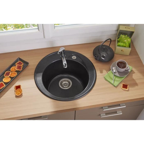 STRADOUR Evier a encastrer RONDA, en SMC NOIR PAILLETE - 06,  1 bac, dim. Ř 49 cm, vidage manuel