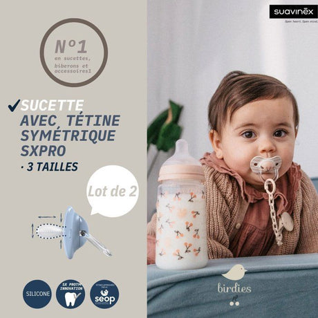 Lot de 2 sucettes symétriques - SUAVINEX - Birdies - SX Pro - 6 a 18 mois - Beige
