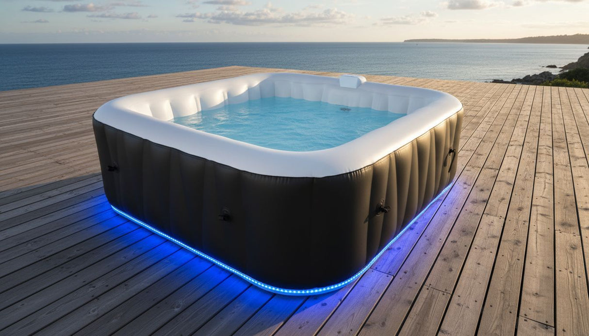 Spa gonflable avec bandeau LED SUNSPA - AC02-LED - 185 x 65 cm - 6 places - Carré (Avec filtre, cadenas, tapis de sol et