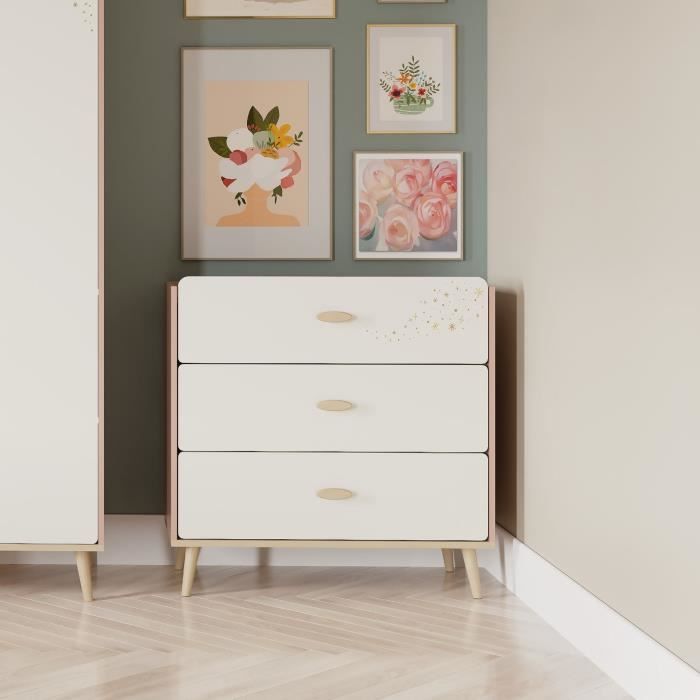 Commode SUZIE - 3 tiroirs - Couleur Chene et  Abricot - L86,9 x P39,6 x H88,5 cm - DEMEYERE