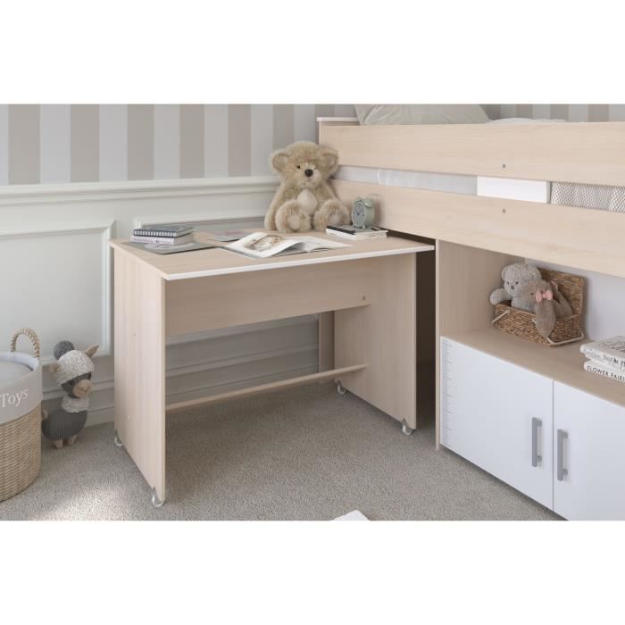 Lit combiné enfant Parisot ZOLA 90x200 cm - 2 portes - Avec bureau - Décor acacia clair et blanc