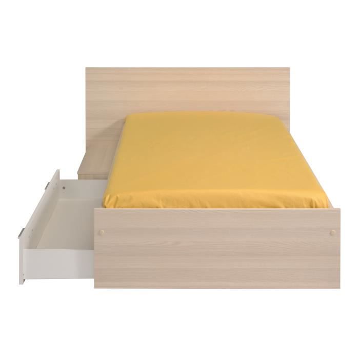 PARISOT Lit enfant l 90 x L 190 cm - Décor acacia et blanc tiroir - Contemporain - CHARLEMAGNE