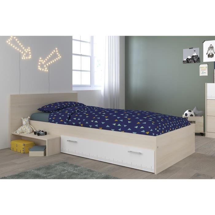 PARISOT Lit enfant l 90 x L 190 cm - Décor acacia et blanc tiroir - Contemporain - CHARLEMAGNE