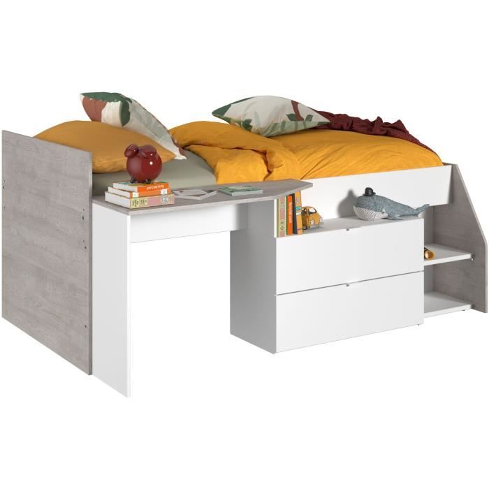 Lit combiné enfant contemporain PARISOT KIM - gris loft et blanc - l 90 x L 190 ou 200 cm