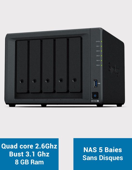 Serveur NAS extensible 5 baies - SYNOLOGY - DS1522+ - AMD Ryzen R1600 - 8 Go DDR4 - RAID 1