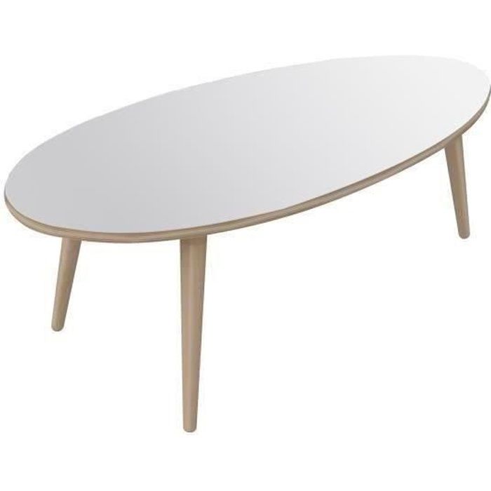 NARVIK Table basse ovale style scandinave blanc brillant avec pieds en bois - L 110 x l 55 cm