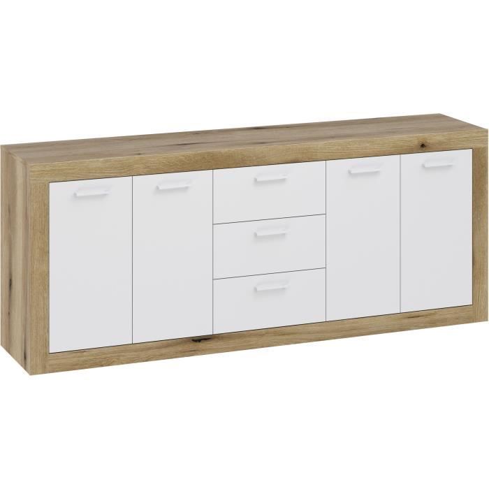 Buffet Mélamine chene rustique et blanc mat - 4 portes et 3 tiroirs L 206 x P 45 x H 83,4 cm STONE