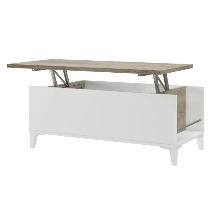 Table basse avec plateau relevable - Blanc/Chene - L 100 x P 50/72 x H 42/55 cm - EVAN