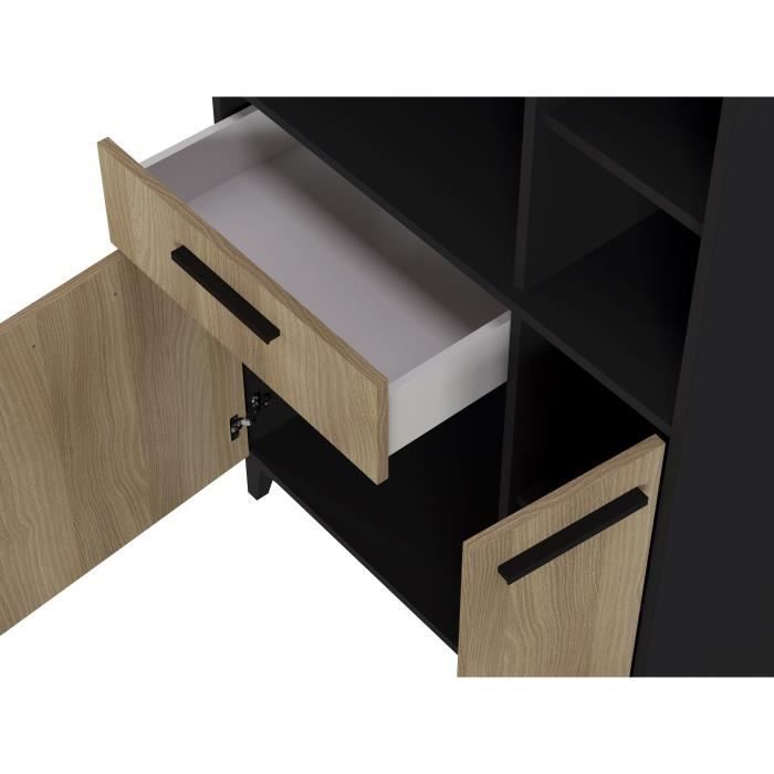 Buffet haut de cuisine ECO - 3 portes et 1 tiroir - MÈlamine chene et noir - L 80 x P 40 x H 178 cm