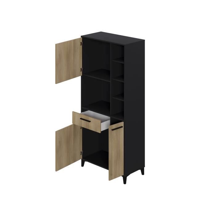 Buffet haut de cuisine ECO - 3 portes et 1 tiroir - MÈlamine chene et noir - L 80 x P 40 x H 178 cm