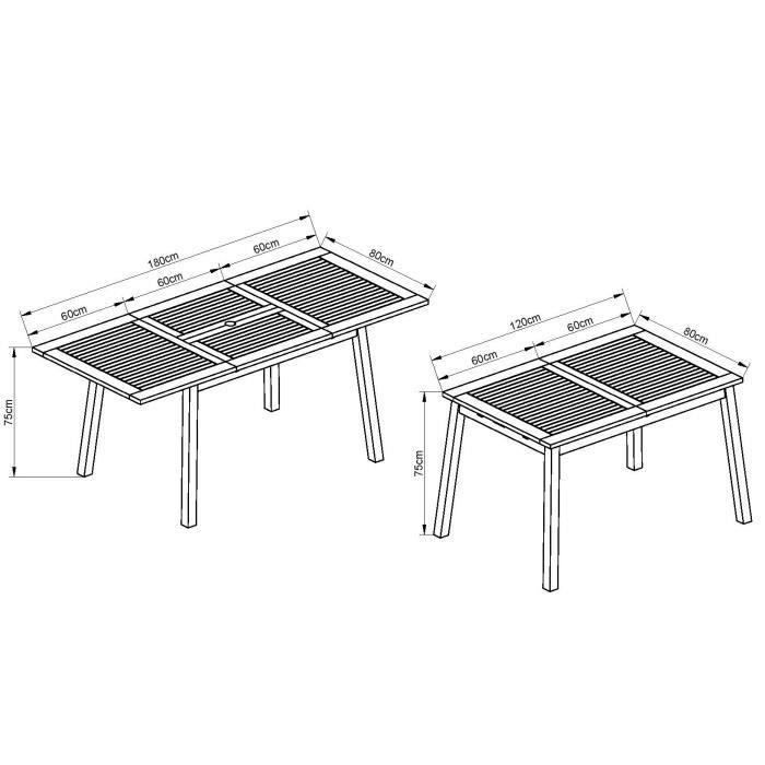 Ensemble repas de jardin 4 a 6 personnes - Table extensible 120/180 x 80 cm + 6 chaises assises textilene - Bois Eucalyptus FSC
