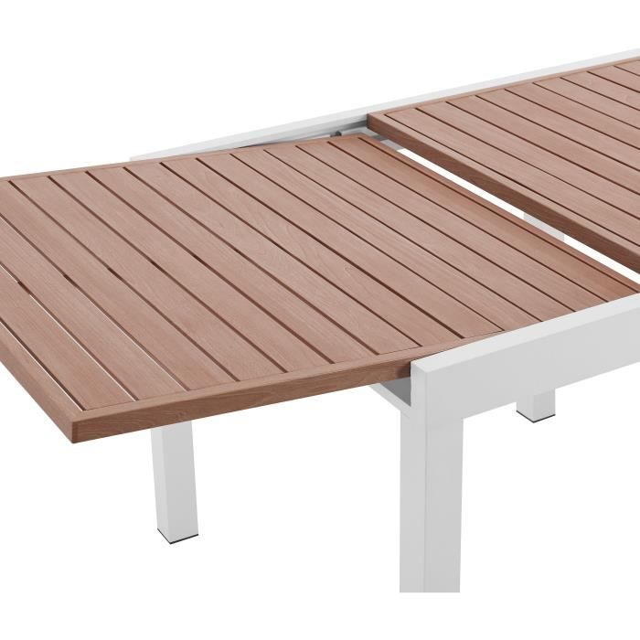 Table de jardin extensible CALVI - Rectangulaire - Plateau aluminium aspect bois - 6 personnes