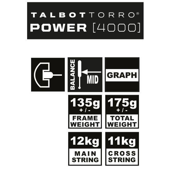 Raquette de squash - TALBOT TORRO - POWER 4000 - Profil en U - Cordage US 500 - Tete 480cm² - Cadre 18.2mm/135g - 175g