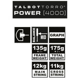 Raquette de squash - TALBOT TORRO - POWER 4000 - Profil en U - Cordage US 500 - Tete 480cm² - Cadre 18.2mm/135g - 175g