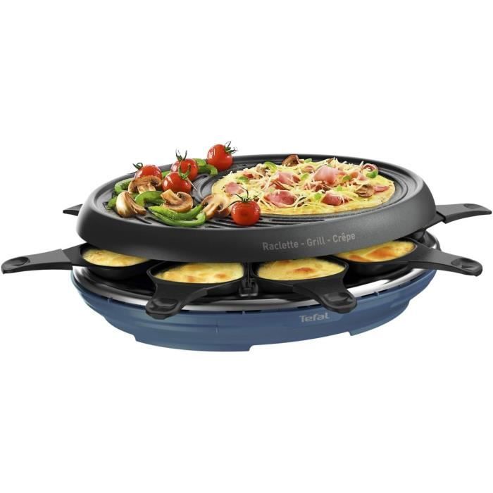 TEFAL Appareil a raclette 3en1, Colormania Raclette, Grill et Crepes, 8 coupelles, Revetement antiadhésif, Bleu acier RE310401