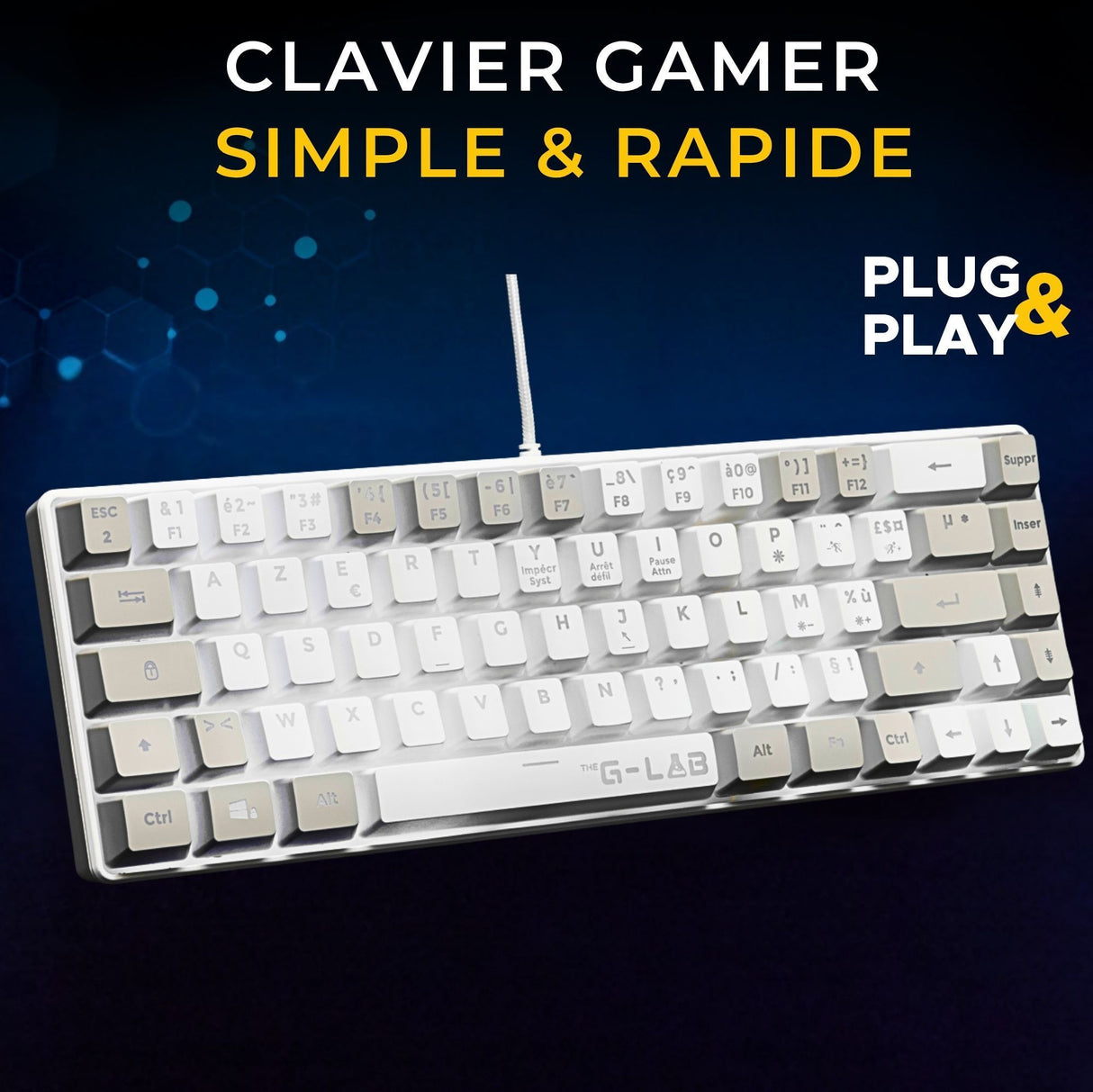 Clavier Gamer filaire - THE G-LAB - KEYZ-HYDRO-WG/FR - 60% format compact - AZERTY - Rétroéclairé - Gris/Blanc