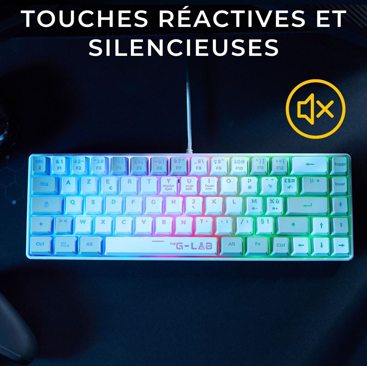 Clavier Gamer filaire - THE G-LAB - KEYZ-HYDRO-WG/FR - 60% format compact - AZERTY - Rétroéclairé - Gris/Blanc