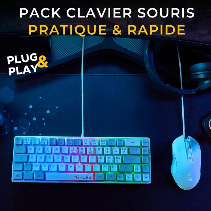 Pack 2 en 1 - THE G-LAB - Combo Hydrogen - Clavier AZERTY - Souris filaire - Blanc/Gris