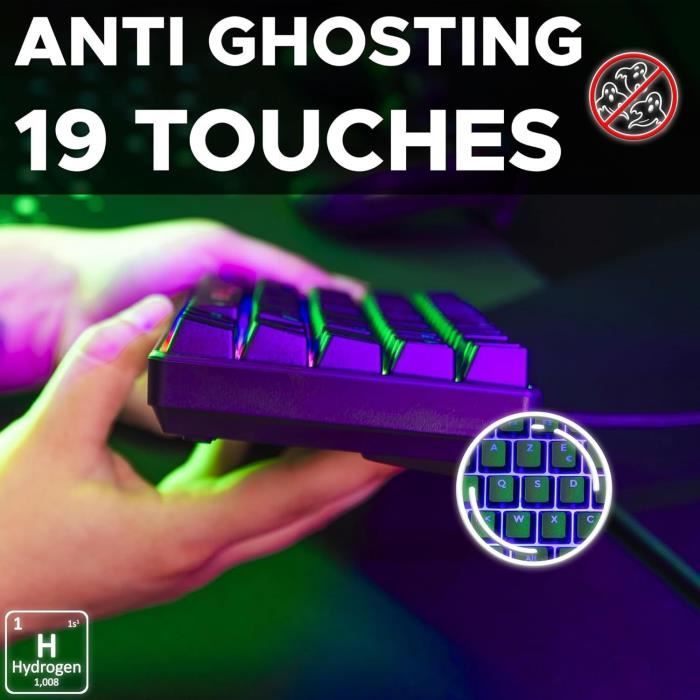 Clavier Gamer - The G-Lab - KEYZ HYDROGEN - 60% Format Compact - Rétroéclairé - Filaire - Noir