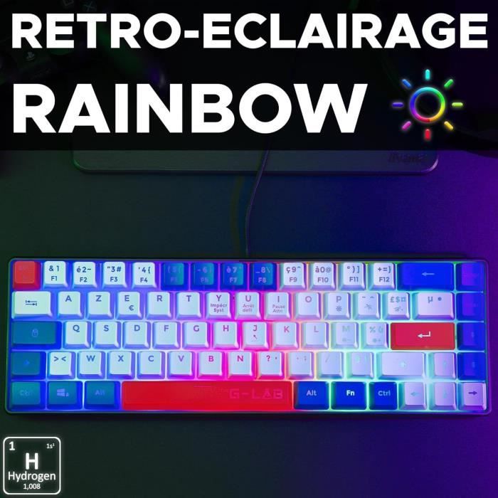 Clavier Gamer - The G-Lab - KEYZ HYDROGEN - 60% Format Compact - RÈtroÈclairÈ - Filaire - Bleu/Blanc/Rouge