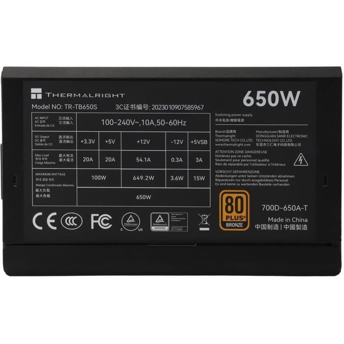 Alimentation PC - THERMALRIGHT - TB650S - 650W - 80+ Bronze - Non modulaire - ATX 3.0 - Noir