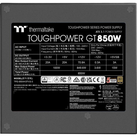 THERMALTAKE - Toughpower GT - Alimentation PC - 850 W - 80+ Gold - ATX3.1 - Full modulaire - PCI-E 5.1 12VHPWR