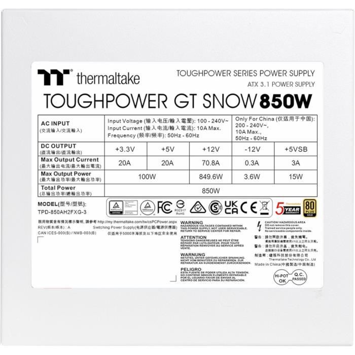 THERMALTAKE - Toughpower GT Snow - Alimentation PC - 850 W - 80+ Gold - ATX3.1 - Full modulaire - PCI-E 5.1 12VHPWR
