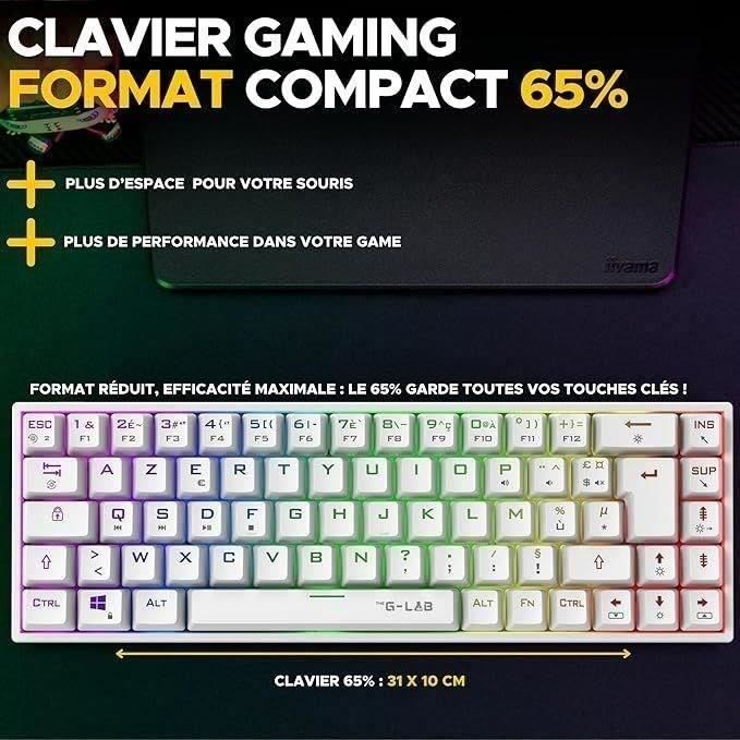 Clavier Gamer sans fil - The G-Lab - KEYZ TITAN - Mécanique (Switch Rouge) - Azerty - Triple mode - RGB - Blanc
