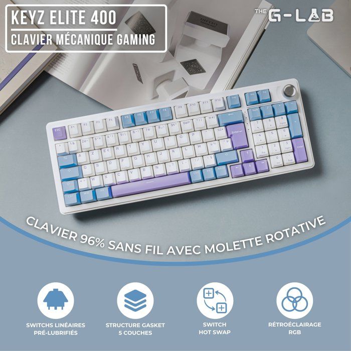 Clavier mécanique PBT Gasket - THE G-LAB - KEYZ Elite 400 WB - TripleMode - AZERTY - RGB - Windows & Mac