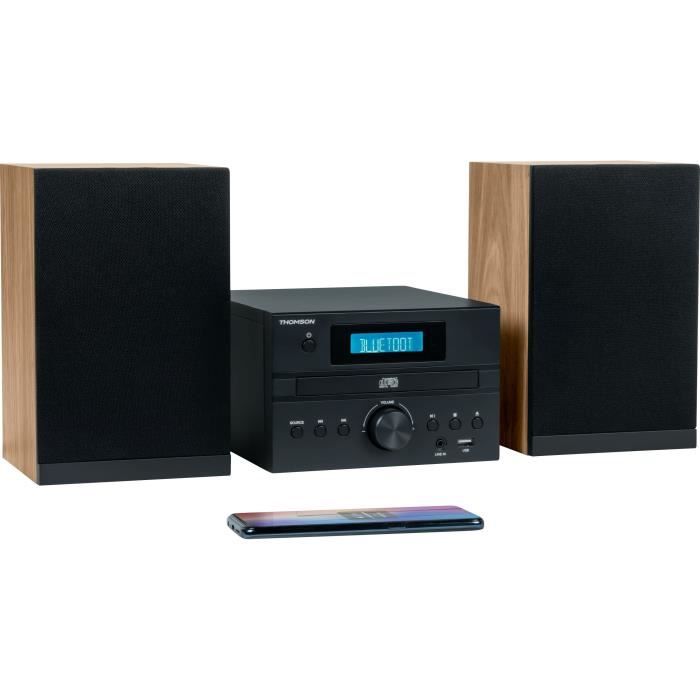 Micro-chaîne Bluetooth - THOMSON - Bois/Noir - Radio FM/CD/MP3/USB, 20W RMS, Tuner FM RDS, Prise casque, Télécommande, Alim. 230V