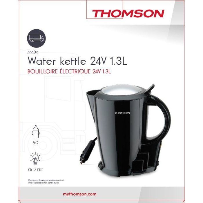 Bouilloire électrique 24V - THOMSON- 1,3L- Puissance 250W -  Avec cordon allume cigare de 0,75m