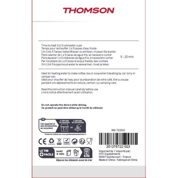 Bouilloire électrique 24V - THOMSON- 1,3L- Puissance 250W -  Avec cordon allume cigare de 0,75m