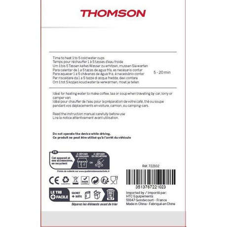 Bouilloire électrique 24V - THOMSON- 1,3L- Puissance 250W -  Avec cordon allume cigare de 0,75m